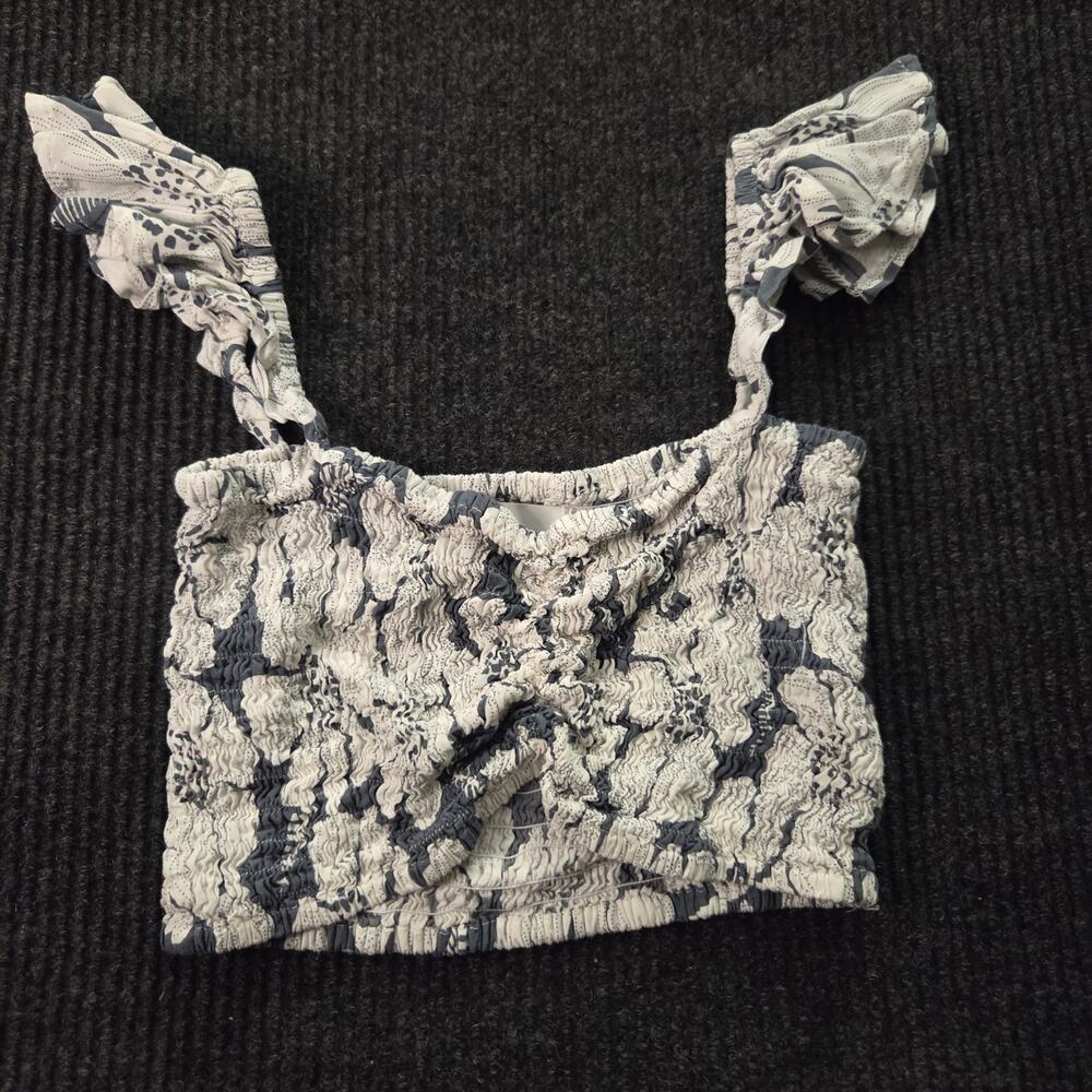 Sol Hawaii Y2k Boho Ruffle Crop Top Tank Floral Print Grey White OS